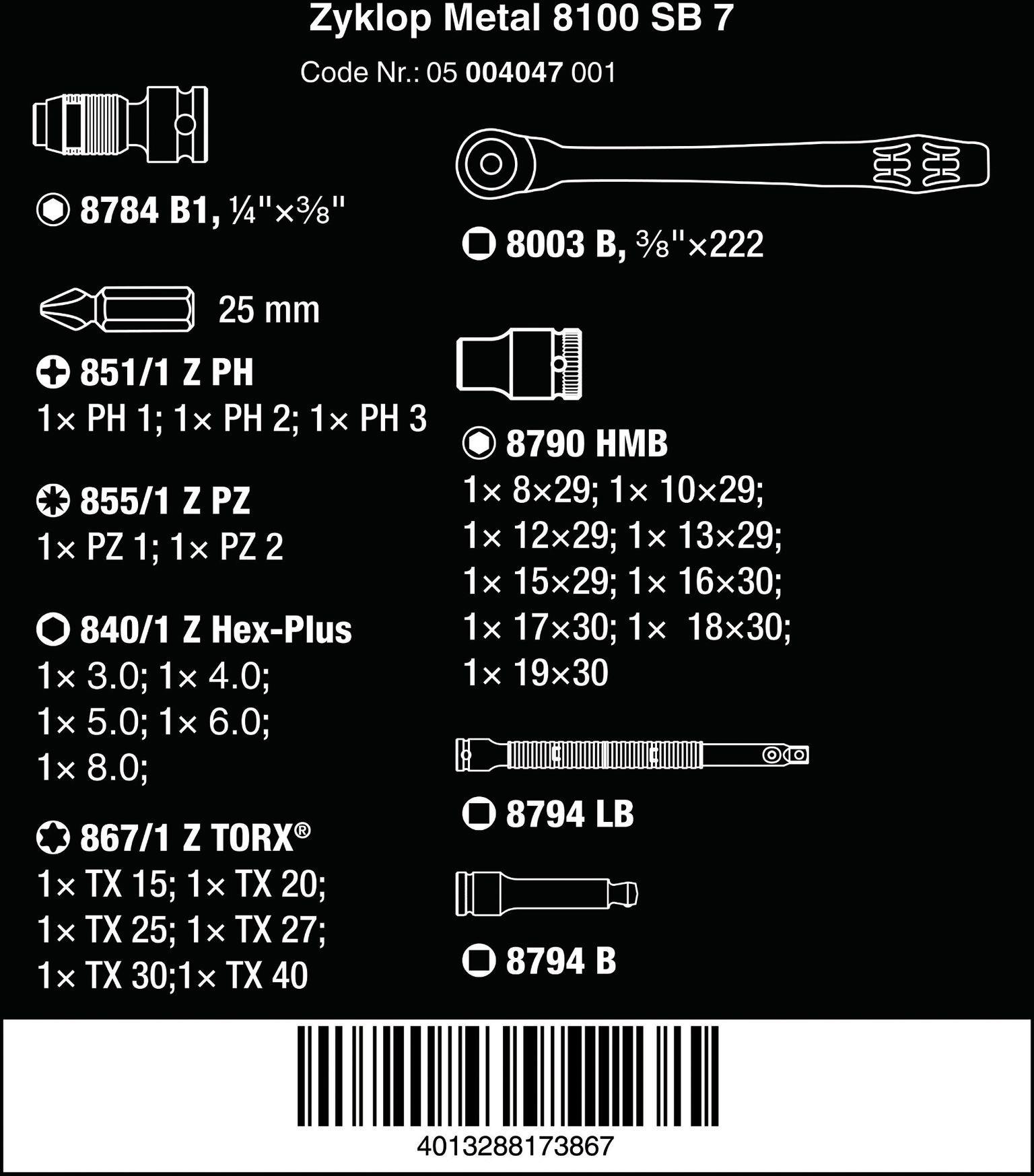 Wera 8100 SB 7 Zyklop Metal Ratchet Set With Push-Through Square 3/8 Drive