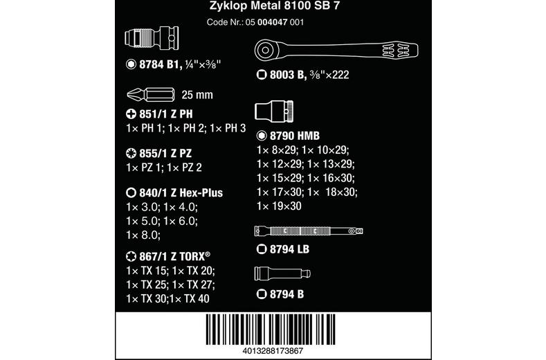Wera 8100 SB 7 Zyklop Metal Ratchet Set With Push-Through Square 3/8 Drive Wera 8100 SB 7 Zyklop Metal Ratchet Set With Push-Through Square 3/8 Drive