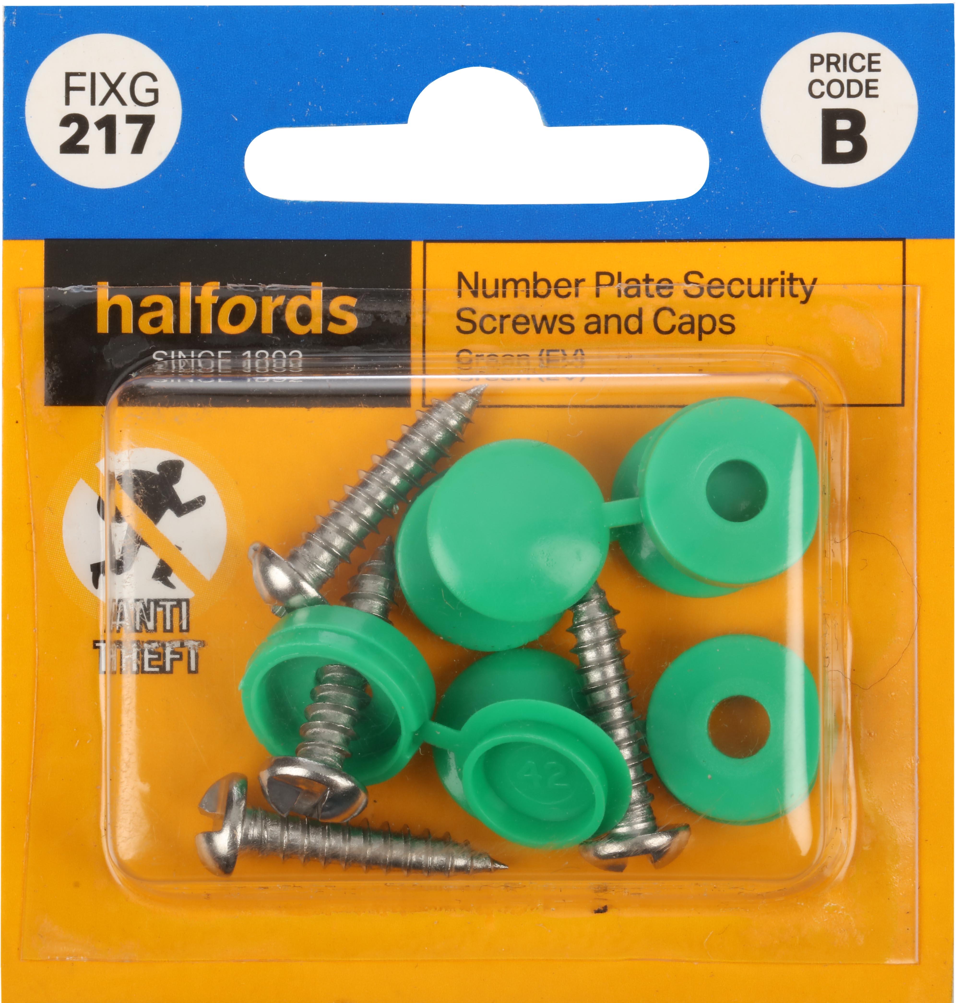 Halfords Anti Theft number plate security screws and caps Green (FIXG217)