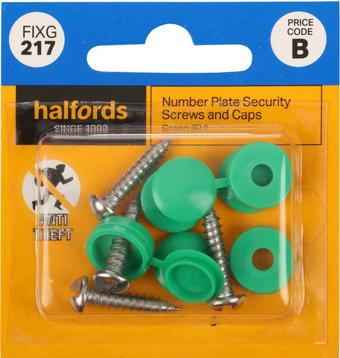 Halfords Anti Theft number plate security screws and caps Green (FIXG217)