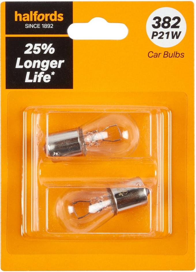 382 P21W Car Bulb + 25 percent Longer Life Halfords Twin Pack