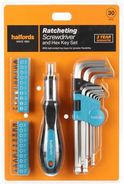 Halfords 30 Piece Ratcheting Screwdriver & Hex key Set Halfords 30 Piece Ratcheting Screwdriver & Hex key Set
