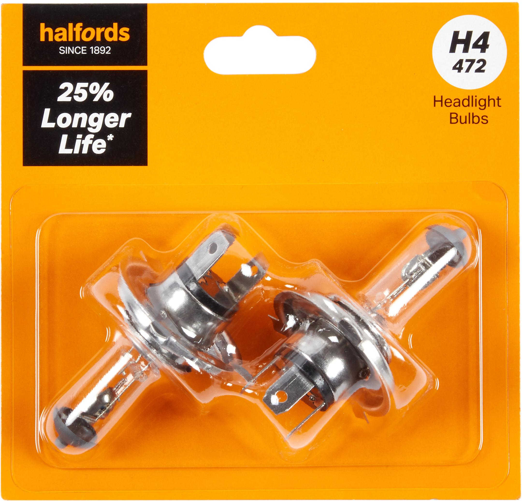 H4 472 Car Headlight Bulb Halfords +25 Percent Longer Life Twin Pack