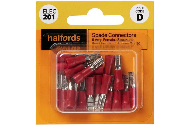 Halfords Spade Connectors .110 speaker 5 Amp Female S/insulated (ELEC201) Halfords Spade Connectors .110 speaker 5 Amp Female S/insulated (ELEC201)
