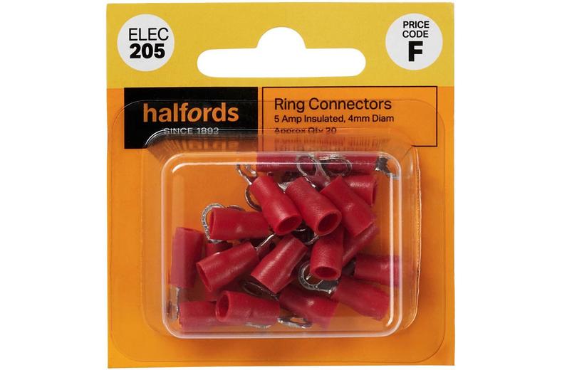 Halfords Ring Connectors 5 Amp Insulated 4mm (ELEC205) Halfords Ring Connectors 5 Amp Insulated 4mm (ELEC205)