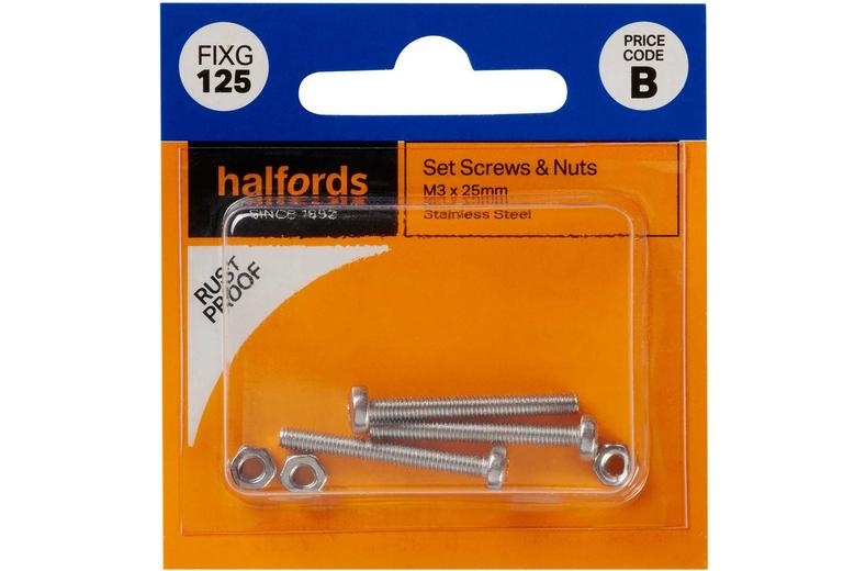 Halfords Set Screws and Nut M3 x 25mm (FIXG125) Halfords Set Screws and Nut M3 x 25mm (FIXG125)
