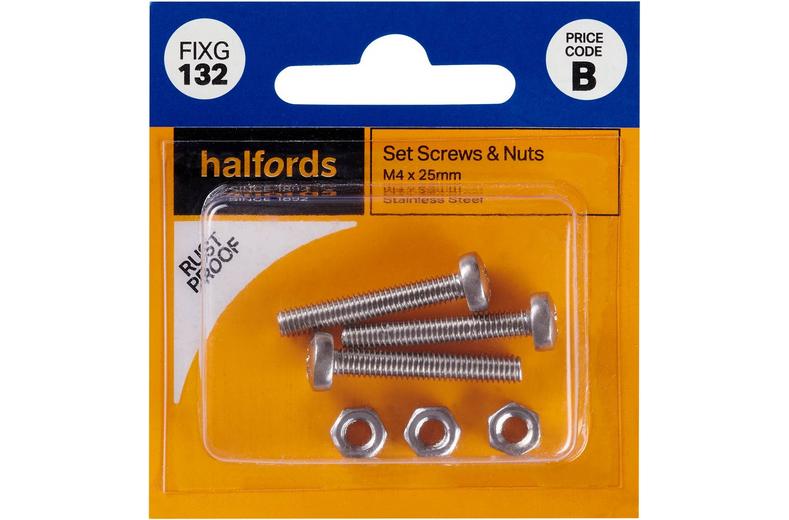 Halfords Set Screws and Nuts M4 x 25mm (FIXG132) Halfords Set Screws and Nuts M4 x 25mm (FIXG132)