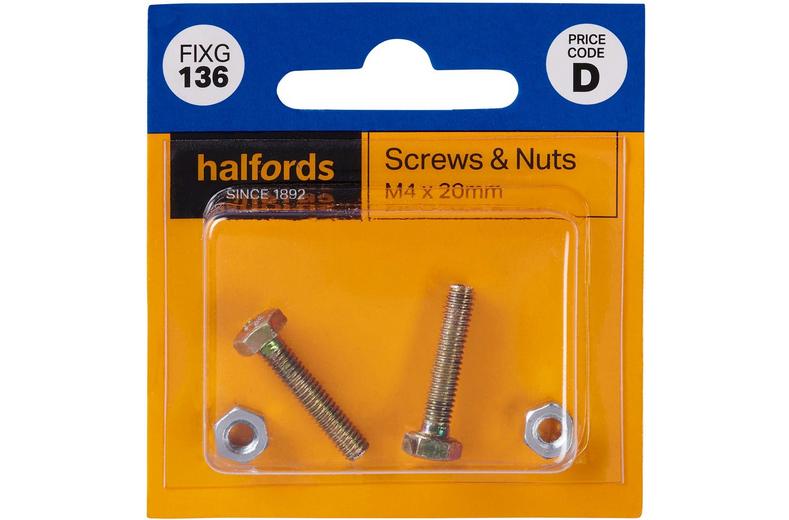 Halfords Set Screws & Nuts M4 x 20mm (FIXG136) Halfords Set Screws & Nuts M4 x 20mm (FIXG136)