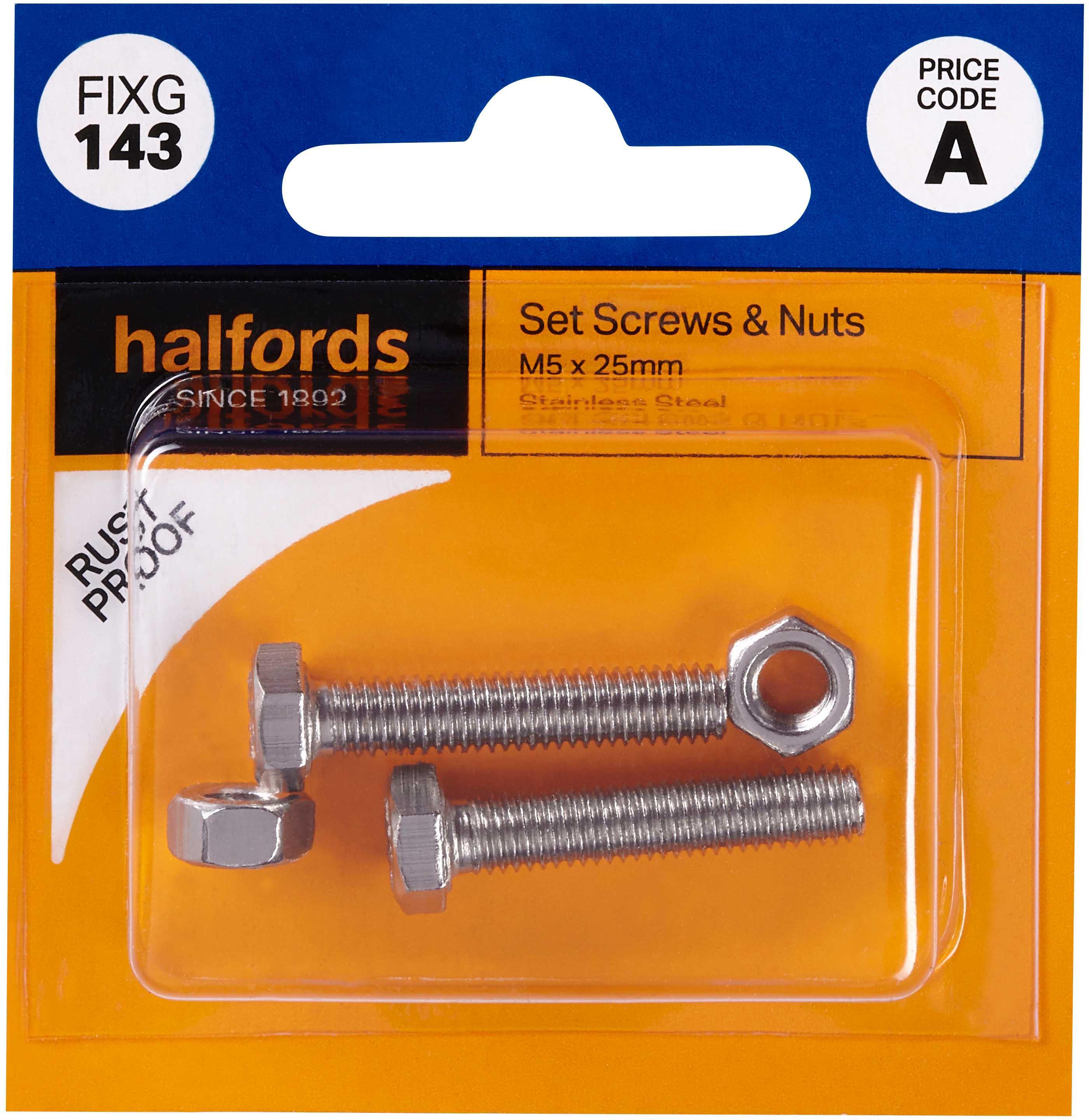 Halfords Set Screws & Nuts M5 x 25mm (FIXG143)