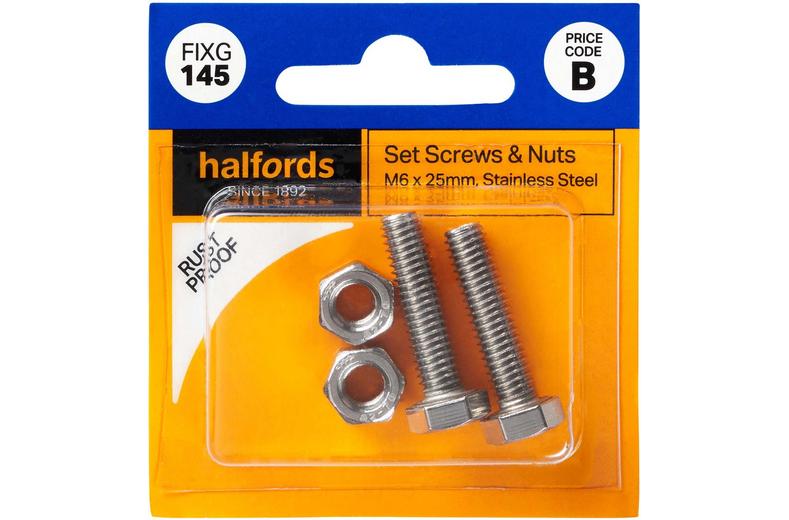 Halfords Set Screws and Nuts M6 x 25mm (FIXG145) Halfords Set Screws and Nuts M6 x 25mm (FIXG145)