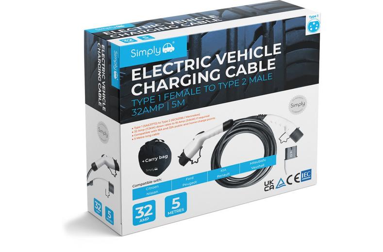 Simply EV Type 1 to Type 2 32A 5M Single Phase Charging Cable Simply EV Type 1 to Type 2 32A 5M Single Phase Charging Cable