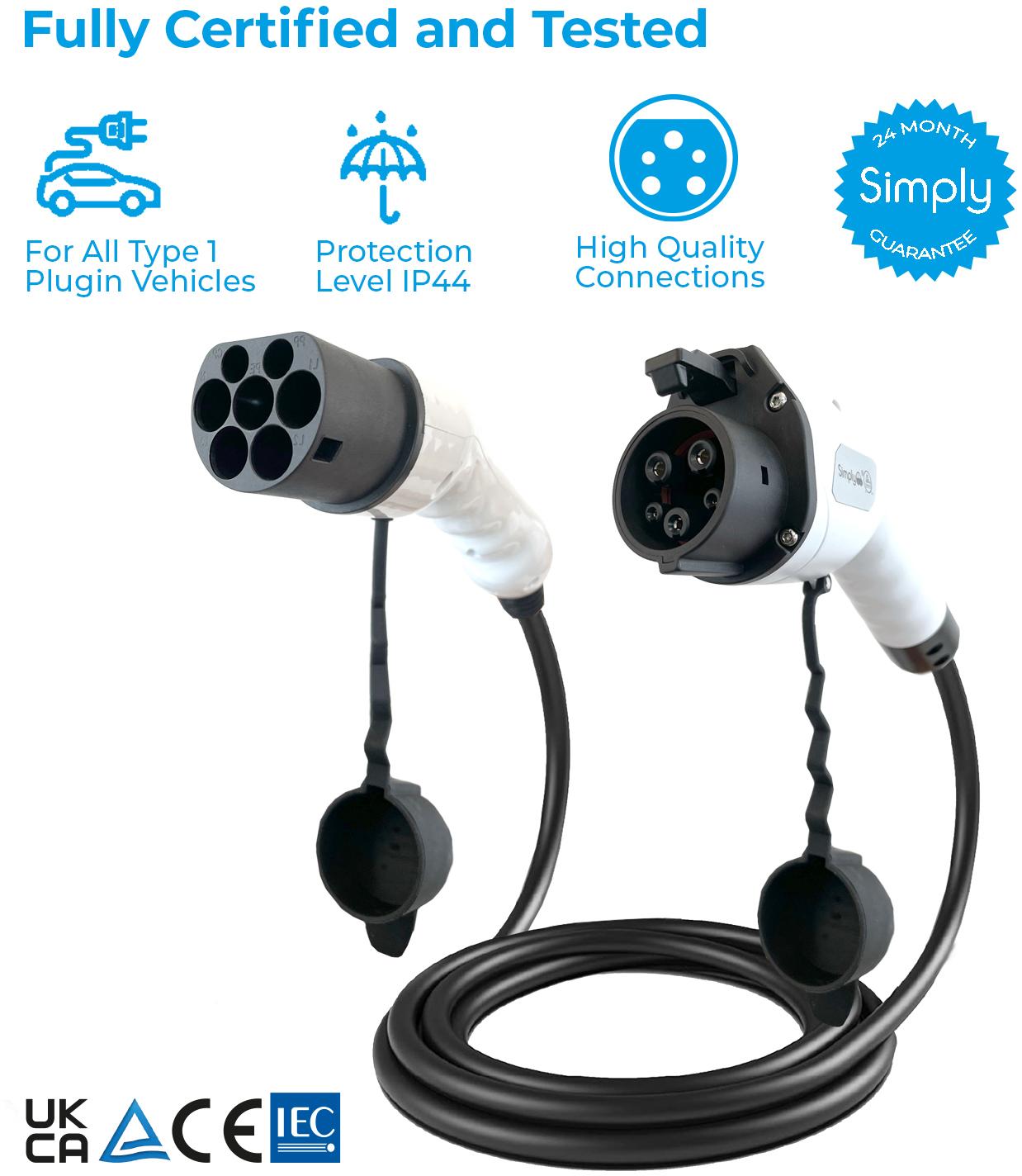 Simply EV Type 1 to Type 2 32A 5M Single Phase Charging Cable