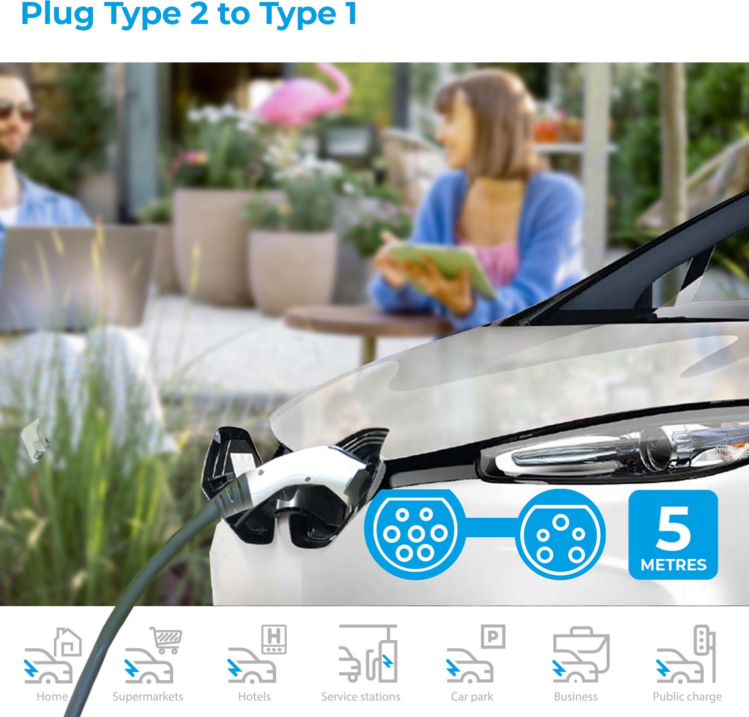 Simply EV Type 1 to Type 2 32A 5M Single Phase Charging Cable