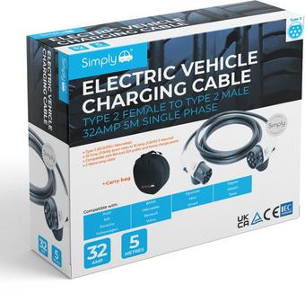 Simply EV Type 2 to Type 2 32A 5M Single Phase Charging Cable