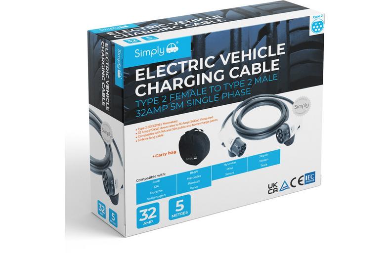 Simply EV Type 2 to Type 2 32A 5M Single Phase Charging Cable Simply EV Type 2 to Type 2 32A 5M Single Phase Charging Cable