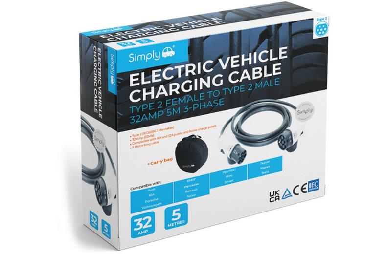 Simply EV Type 2 to Type 2 32A 5M 3-Phase Charging Cable Simply EV Type 2 to Type 2 32A 5M 3-Phase Charging Cable
