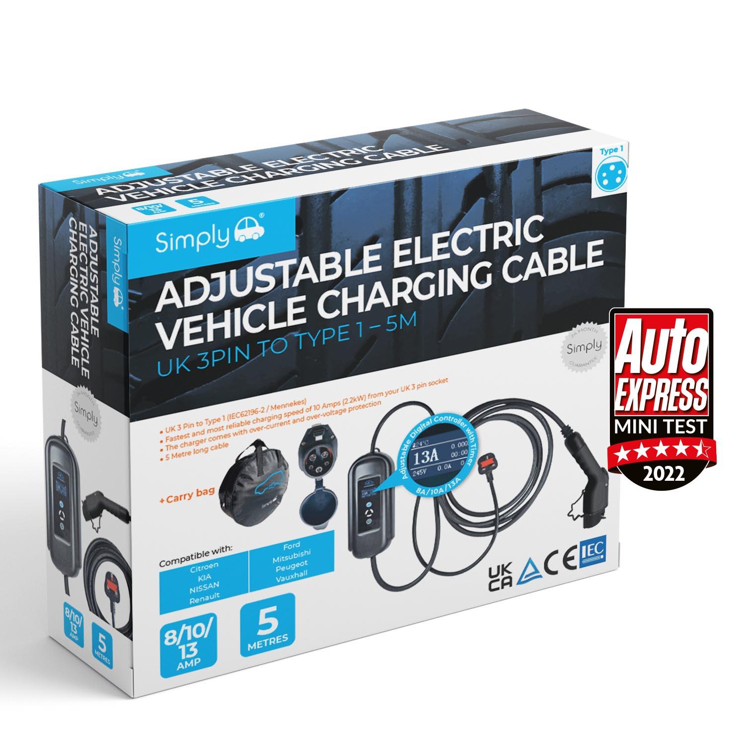 Simply EV Adjustable 5M 3Pin to Type 1 Charging Cable Halfords UK