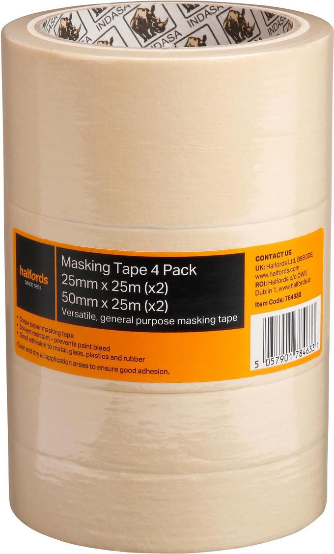 Halfords 4 Pack Masking Tape 2 x 25mm x 50mm x 25m