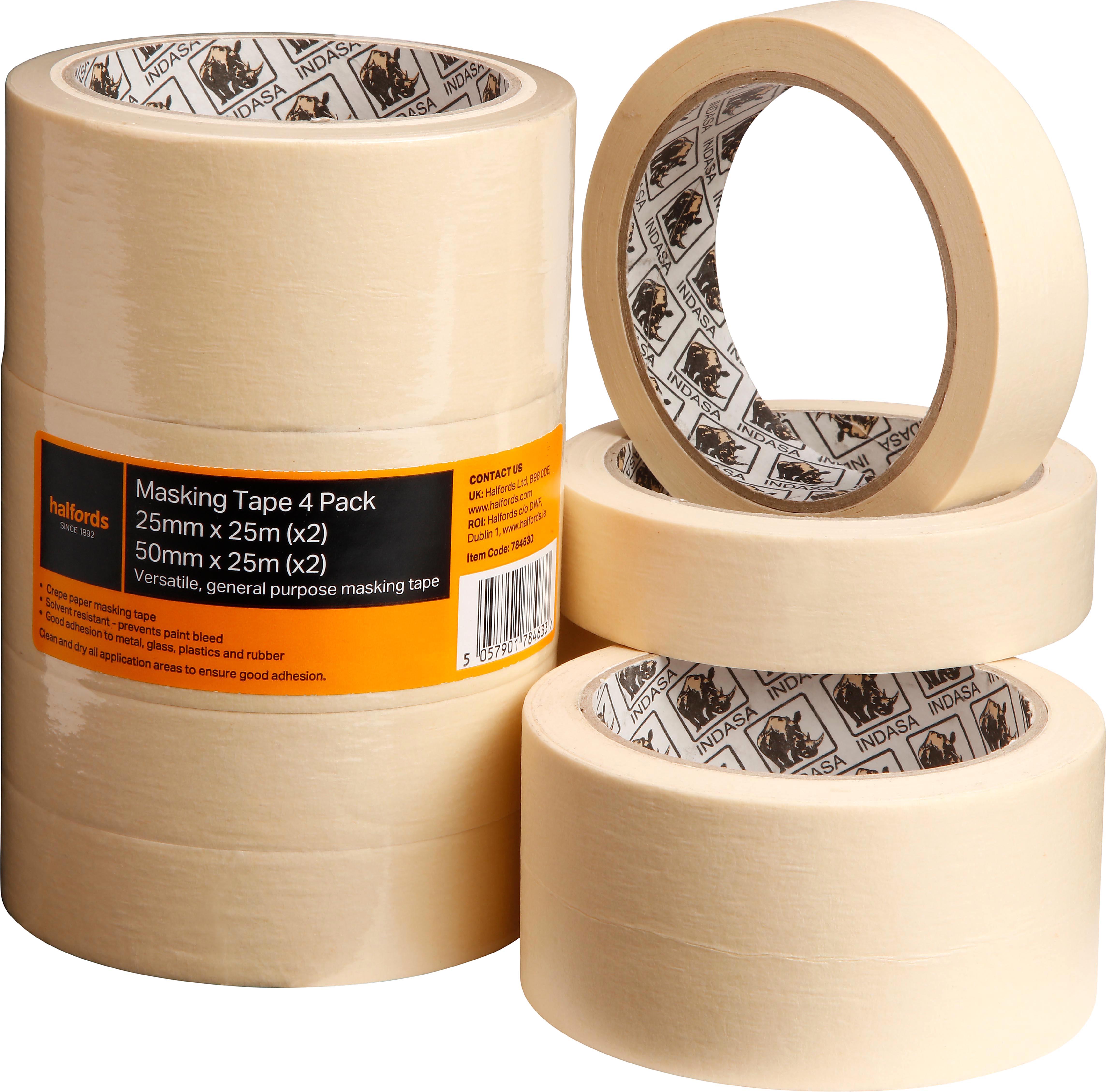 Halfords 4 Pack Masking Tape 2 x 25mm x 50mm x 25m