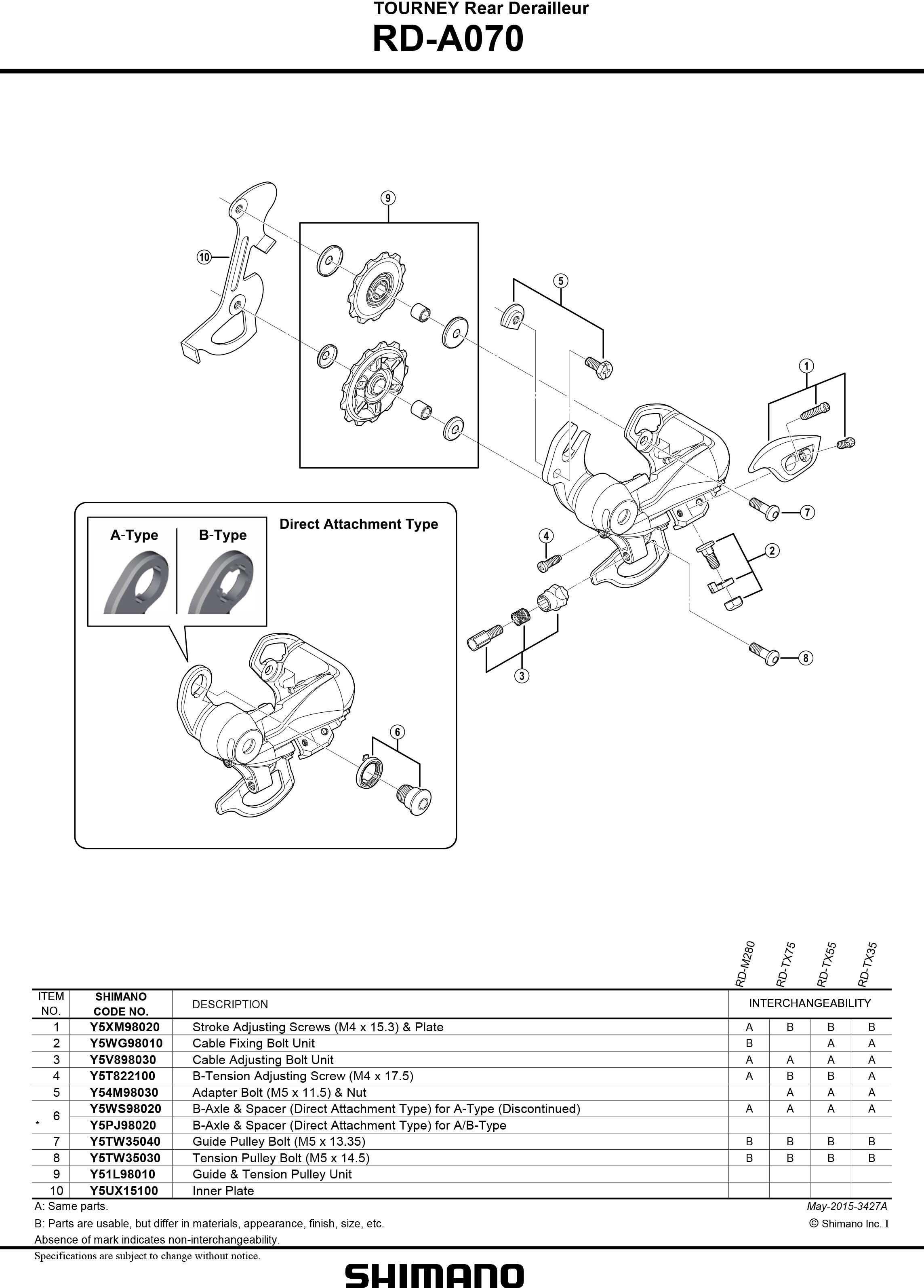 Shimano Tourney RD-A070 Tension & Guide Pulley Set