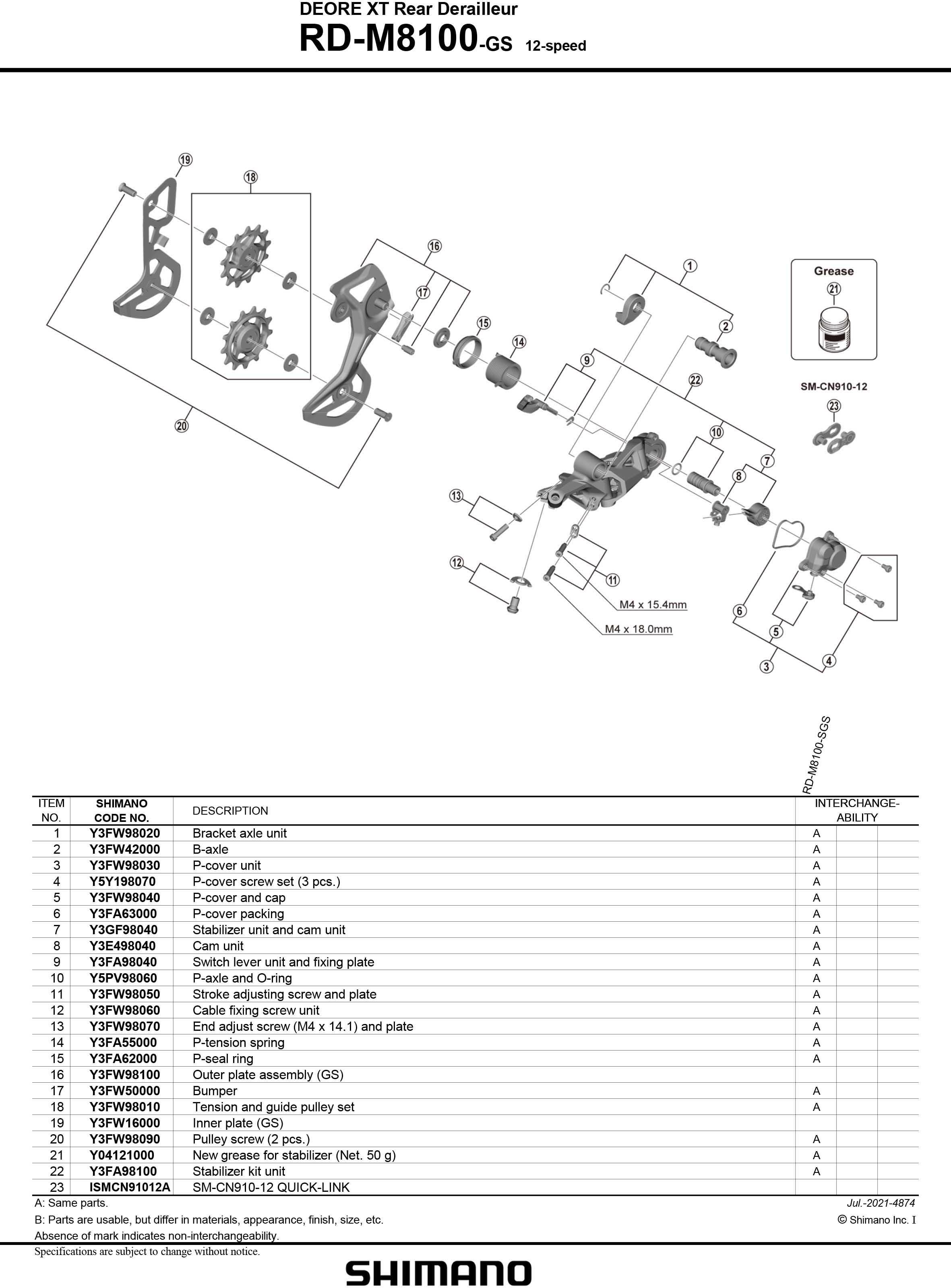 Shimano XT Deore RD-M8100/M8120 Tension & Guide Pulley Set