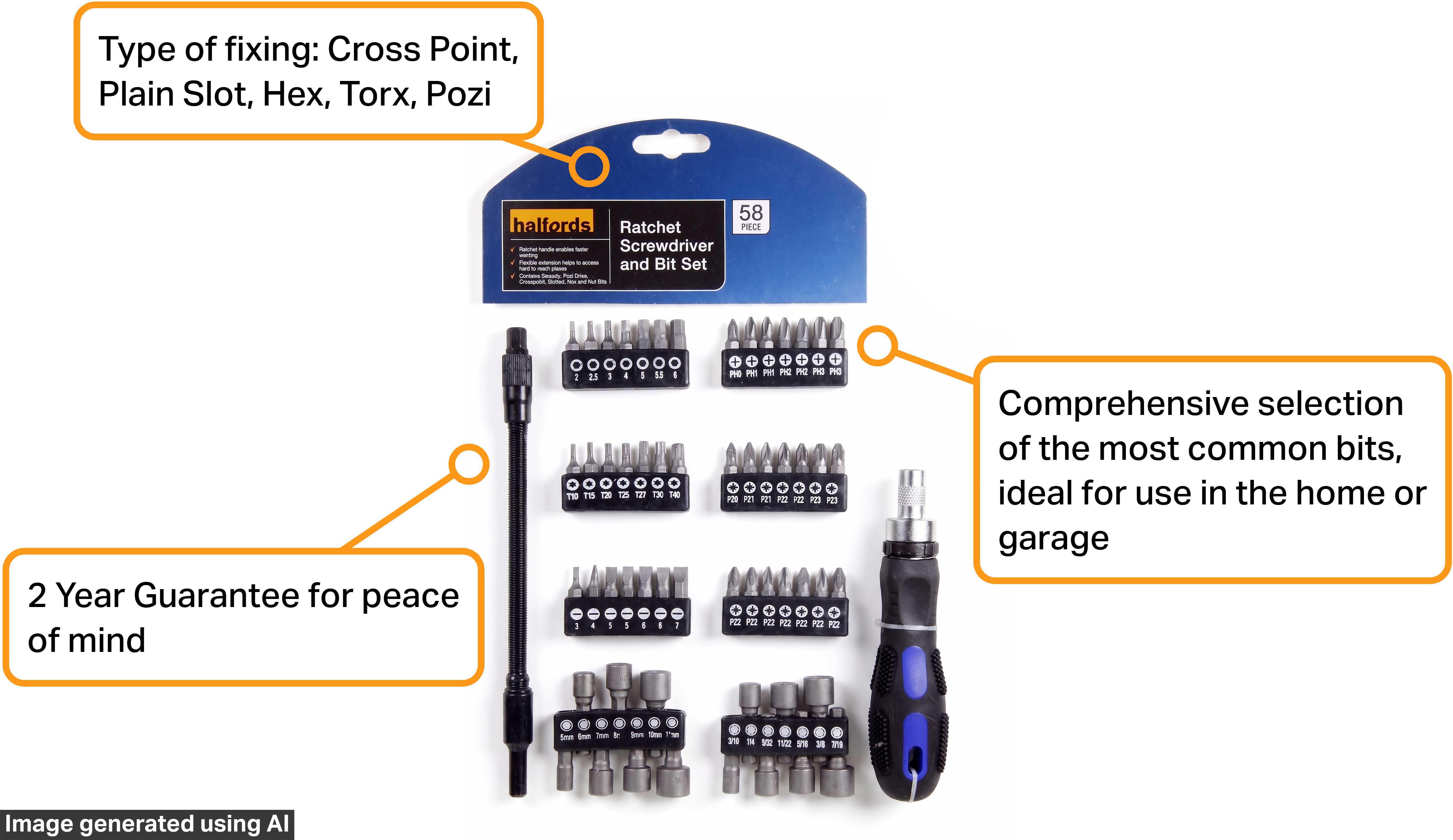 Halfords 58 piece Ratchet Screwdriver & Bit Set