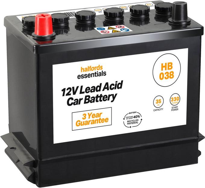 Halfords HB038 Lead Acid 12V Car Battery 3 Year Guarantee