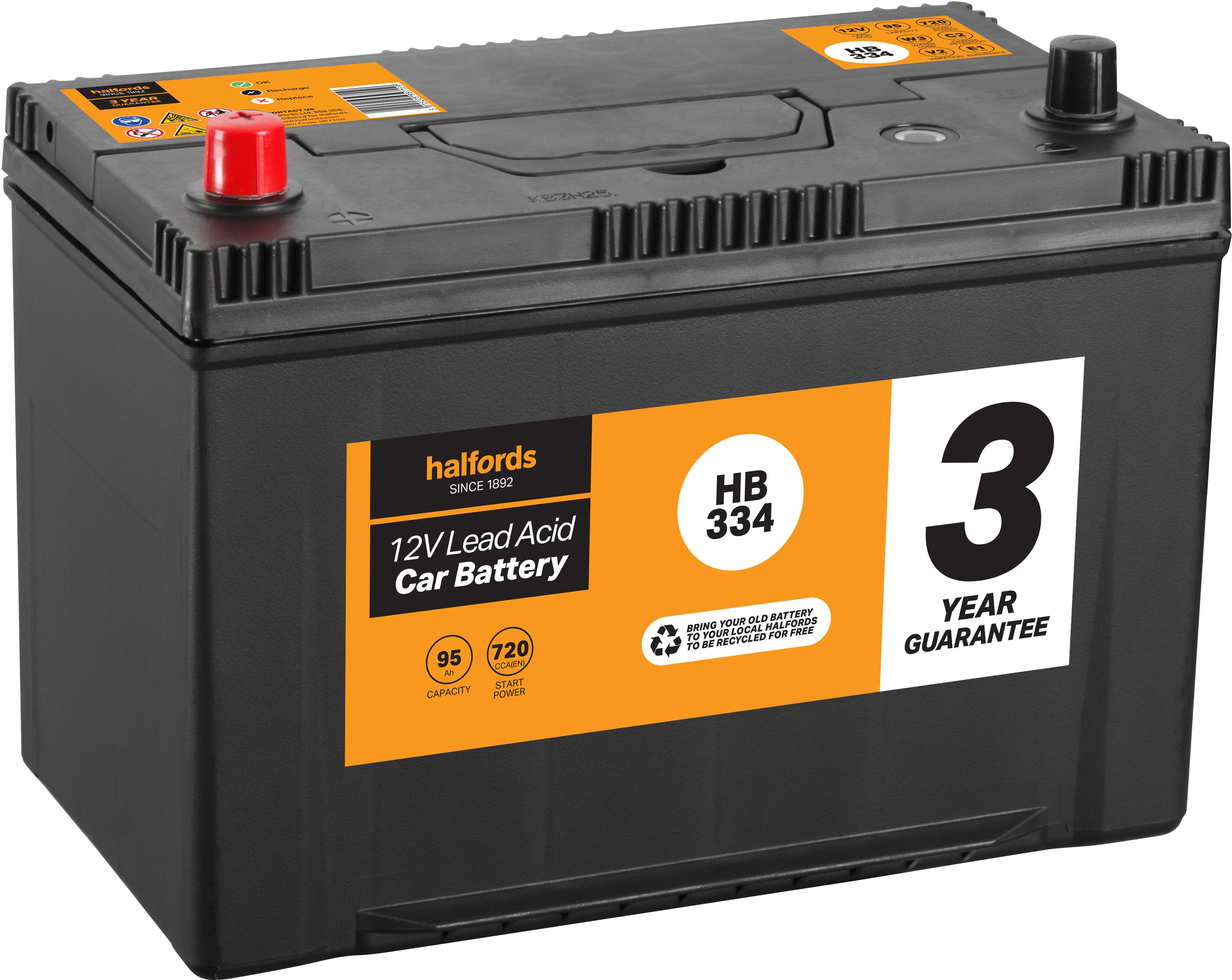 Halfords HB334 Lead Acid 12V Car Battery 3 Year Guarantee | Halfords UK